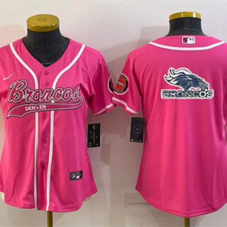 Women's Denver Broncos Pink Team Big Logo With Patch Cool Base Stitched Baseball Jersey(Run Small)