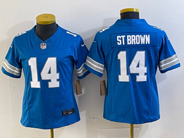 Women's Detroit Lions #14 Amon-Ra St. Brown Blue Stitched Jersey(Run Smaller)