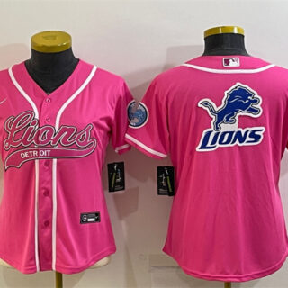 Women's Detroit Lions Pink Team Big Logo With Patch Cool Base Stitched Baseball Jersey(Run Small)