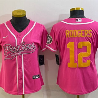 Women's Green Bay Packers #12 Aaron Rodgers Pink Gold With Patch Cool Base Stitched Baseball Jersey(Run Small)