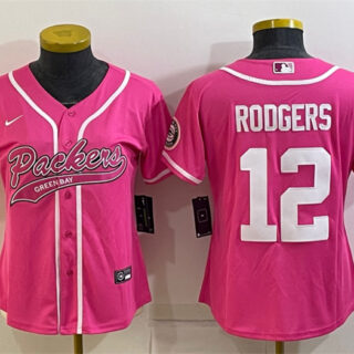 Women's Green Bay Packers #12 Aaron Rodgers Pink With Patch Cool Base Stitched Baseball Jersey(Run Small)