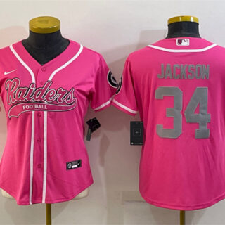 Women's Las Vegas Raiders #34 Bo Jackson Pink Silver With Patch Cool Base Stitched Baseball Jersey(Run Small)