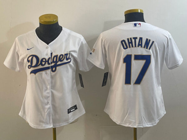 Women's Los Angeles Dodgers #17 Shohei Ohtani White Gold Stitched Jersey(Run Small)