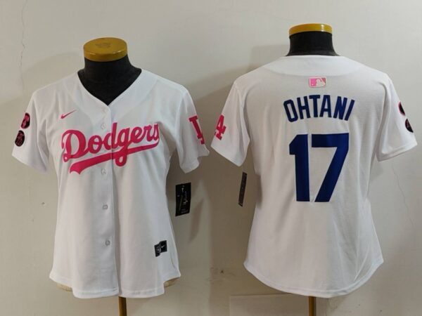 Women's Los Angeles Dodgers #17 Shohei Ohtani White Pink Vin & Kobe Patch Stitched Baseball Jersey(Run Small)