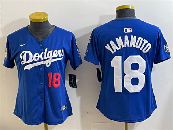 Women's Los Angeles Dodgers #18 Yoshinobu Yamamoto Royal 2024 World Series With Fernando Memorial Patch Alternate Limited Stitched Baseball Jersey(Run Small)
