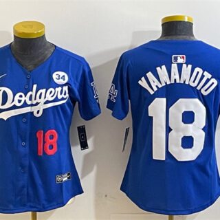 Women's Los Angeles Dodgers #18 Yoshinobu Yamamoto Royal 2024 World Series With No. 34 Patch Alternate Limited Stitched Baseball Jersey(Run Small)