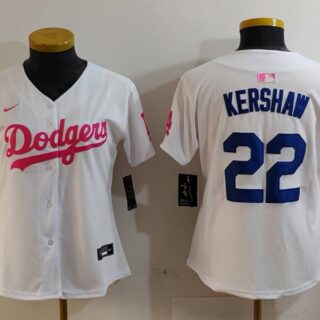 Women's Los Angeles Dodgers #22 Clayton Kershaw White Pink Vin & Kobe Patch Stitched Baseball Jersey(Run Small)