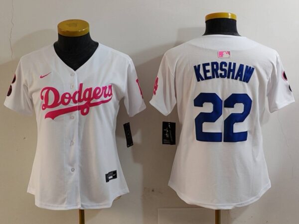 Women's Los Angeles Dodgers #22 Clayton Kershaw White Pink Vin & Kobe Patch Stitched Baseball Jersey(Run Small)