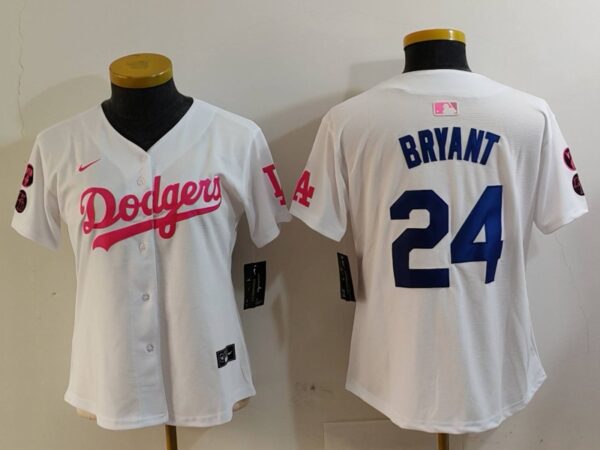 Women's Los Angeles Dodgers #24 Kobe Bryant White Pink Vin & Kobe Patch Stitched Baseball Jersey(Run Small)