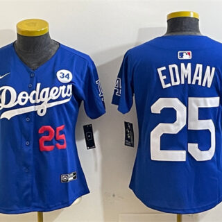 Women's Los Angeles Dodgers #25 Tommy Edman Royal 2024 World Series With No. 34 Patch Alternate Limited Stitched Baseball Jersey(Run Small)