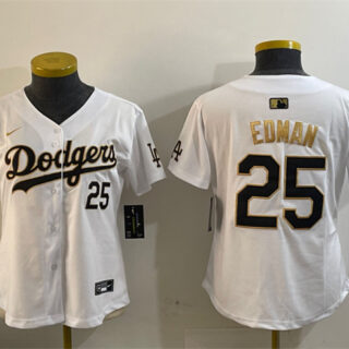 Women's Los Angeles Dodgers #25 Tommy Edman White Gold Home Limited Stitched Baseball Jersey(Run Small)