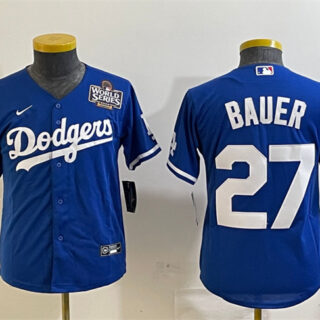 Women's Los Angeles Dodgers #27 Trevor Bauer Blue 2024 World Series Cool Base Stitched Jersey(Run Small)