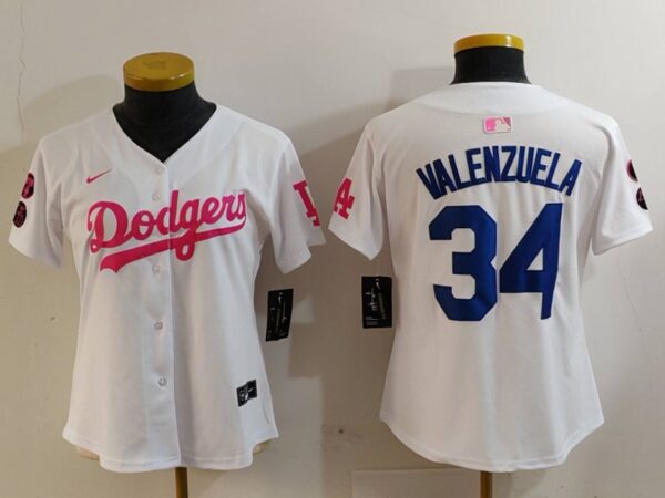 Women's Los Angeles Dodgers #34 Fernando Valenzuela White Pink Vin & Kobe Patch Stitched Baseball Jersey(Run Small)