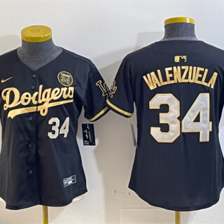 Women's Los Angeles Dodgers #34 Toro Valenzuela Black Gold 2024 World Series With Fernando Memorial Patch Limited Stitched Baseball Jersey(Run Small)