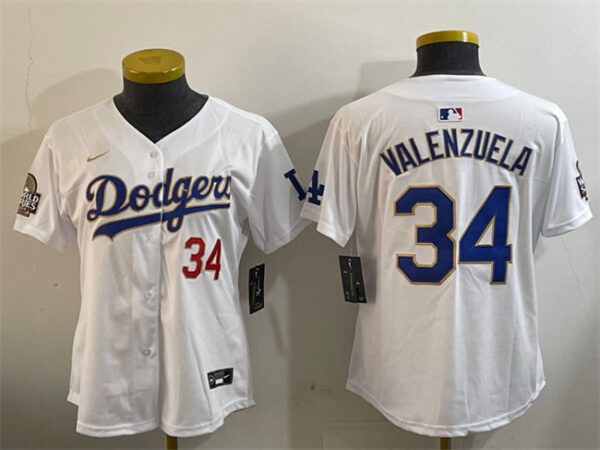Women's Los Angeles Dodgers #34 Toro Valenzuela White Gold 2024 World Series Home Limited Stitched Baseball Jersey(Run Small)