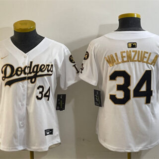 Women's Los Angeles Dodgers #34 Toro Valenzuela White Gold 2024 World Series With Fernando Memorial Patch Home Limited Stitched Baseball Jersey(Run Small)
