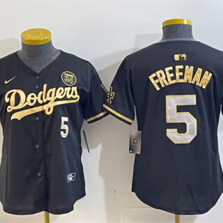 Women's Los Angeles Dodgers #5 Freddie Freeman Black Gold 2024 World Series With Fernando Memorial Patch Limited Stitched Baseball Jersey(Run Small)