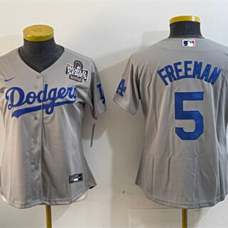 Women's Los Angeles Dodgers #5 Freddie Freeman Grey 2024 World Series Cool Base Stitched Baseball Jersey(Run Small)