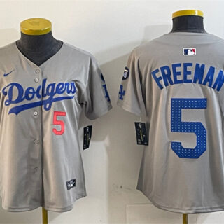 Women's Los Angeles Dodgers #5 Freddie Freeman Grey 2024 World Series With Fernando Memorial Patch Limited Stitched Baseball Jersey(Run Small)