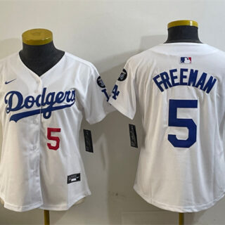 Women's Los Angeles Dodgers #5 Freddie Freeman White 2024 World Series Champions With Fernando Memorial Patch Home Limited Stitched Baseball Jersey(Run Small)