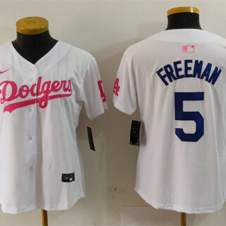 Women's Los Angeles Dodgers #5 Freddie Freeman White Pink Vin & Kobe Patch Stitched Baseball Jersey(Run Small)
