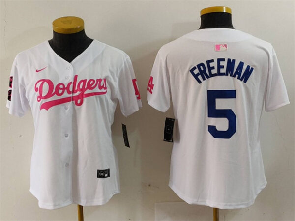 Women's Los Angeles Dodgers #5 Freddie Freeman White Pink Vin & Kobe Patch Stitched Baseball Jersey(Run Small)