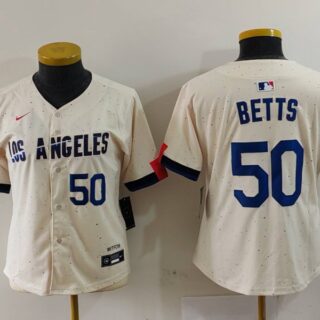 Women's Los Angeles Dodgers #50 Mookie Betts Cream Stitched Jersey(Run Small)