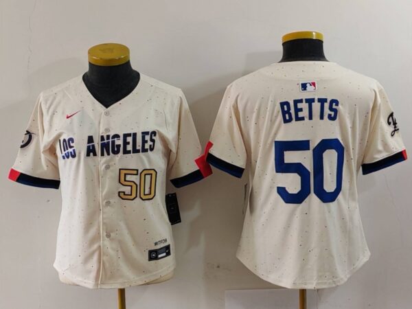 Women's Los Angeles Dodgers #50 Mookie Betts Cream Stitched Jersey(Run Small)