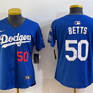 Women's Los Angeles Dodgers #50 Mookie Betts Royal 2024 World Series Champions With Fernando Memorial Patch Alternate Limited Stitched Baseball Jersey(Run Small)