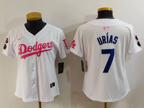 Women's Los Angeles Dodgers #7 White Pink Vin & Kobe Patch Stitched Baseball Jersey(Run Small)
