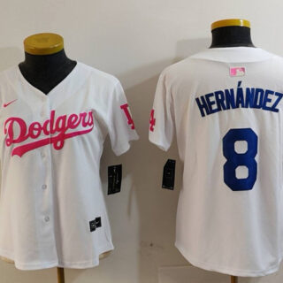 Women's Los Angeles Dodgers #8 Enrique Hernandez White Pink Vin & Kobe Patch Stitched Baseball Jersey(Run Small)