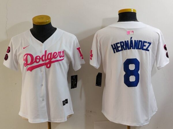 Women's Los Angeles Dodgers #8 Kike Hernandez White Pink Vin & Kobe Patch Stitched Baseball Jersey(Run Small)