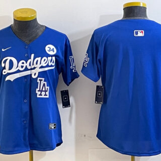 Women's Los Angeles Dodgers Blank Blue 2024 World Series With No. 34 Patch Home Limited Stitched Baseball Jersey(Run Small)