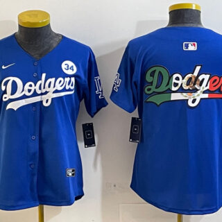Women's Los Angeles Dodgers Blank Blue 2024 World Series With No. 34 Patch Home Limited Stitched Baseball Jersey(Run Small)