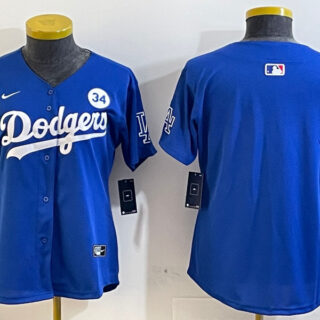 Women's Los Angeles Dodgers Blank Blue 2024 World Series With No. 34 Patch Home Limited Stitched Baseball Jersey(Run Small)