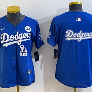 Women's Los Angeles Dodgers Blank Blue 2024 World Series With No. 34 Patch Home Limited Stitched Baseball Jersey(Run Small)