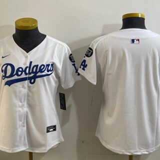 Women's Los Angeles Dodgers Blank White 2024 World Series Champions With Fernando Memorial Patch Home Limited Stitched Baseball Jersey(Run Small)