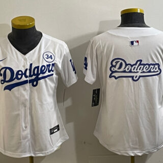 Women's Los Angeles Dodgers Blank White 2024 World Series With No. 34 Patch Home Limited Stitched Baseball Jersey(Run Small)