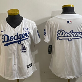 Women's Los Angeles Dodgers Blank White 2024 World Series With No. 34 Patch Home Limited Stitched Baseball Jersey(Run Small)