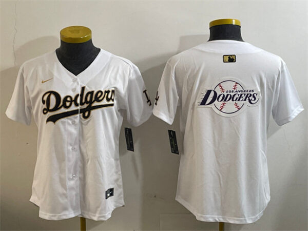 Women's Los Angeles Dodgers Team Big Logo White Gold Home Limited Stitched Baseball Jersey(Run Small)