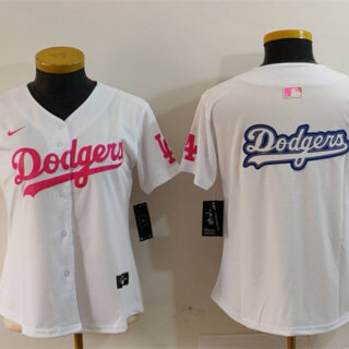 Women's Los Angeles Dodgers Team Big Logo White Pink Vin & Kobe Patch Stitched Baseball Jersey(Run Small)