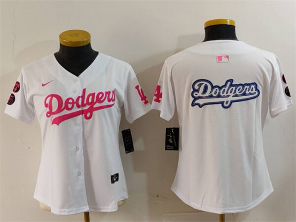 Women's Los Angeles Dodgers Team Big Logo White Pink Vin & Kobe Patch Stitched Baseball Jersey(Run Small)
