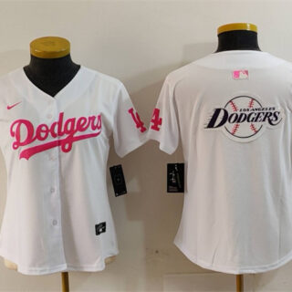 Women's Los Angeles Dodgers Team Big Logo White Pink Vin & Kobe Patch Stitched Baseball Jersey(Run Small)