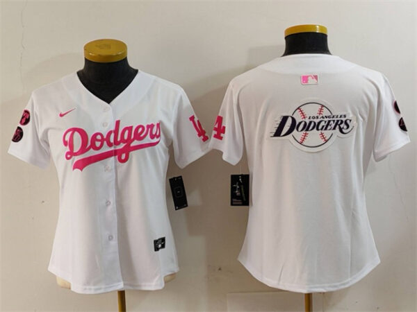 Women's Los Angeles Dodgers Team Big Logo White Pink Vin & Kobe Patch Stitched Baseball Jersey(Run Small)