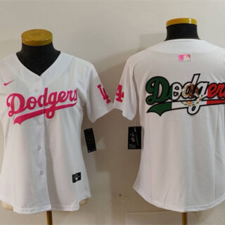Women's Los Angeles Dodgers Team Big Logo White Pink Vin & Kobe Patch Stitched Baseball Jersey(Run Small)
