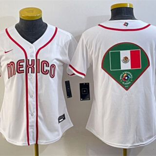 Women's Mexico Baseball 2023 White Big Logo World Baseball Classic Stitched Jersey(Run Small) 1
