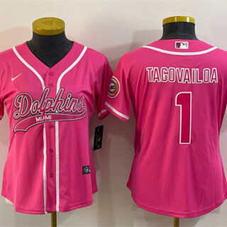 Women's Miami Dolphins #1 Tua Tagovailoa Pink With Patch Cool Base Stitched Baseball Jersey(Run Small)
