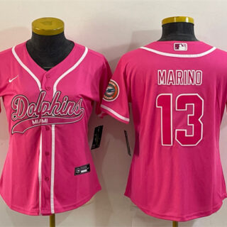 Women's Miami Dolphins #13 Dan Marino Pink With Patch Cool Base Stitched Baseball Jersey(Run Small)