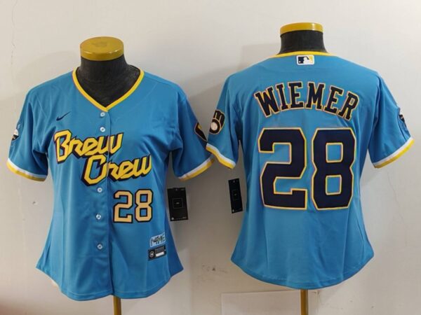 Women's Milwaukee Brewers #28 Joey Wiemer Powder Blue City Connect Cool Base Stitched Jerseys