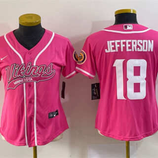 Women's Minnesota Vikings #18 Justin Jefferson Pink With Patch Cool Base Stitched Baseball Jersey(Run Small)